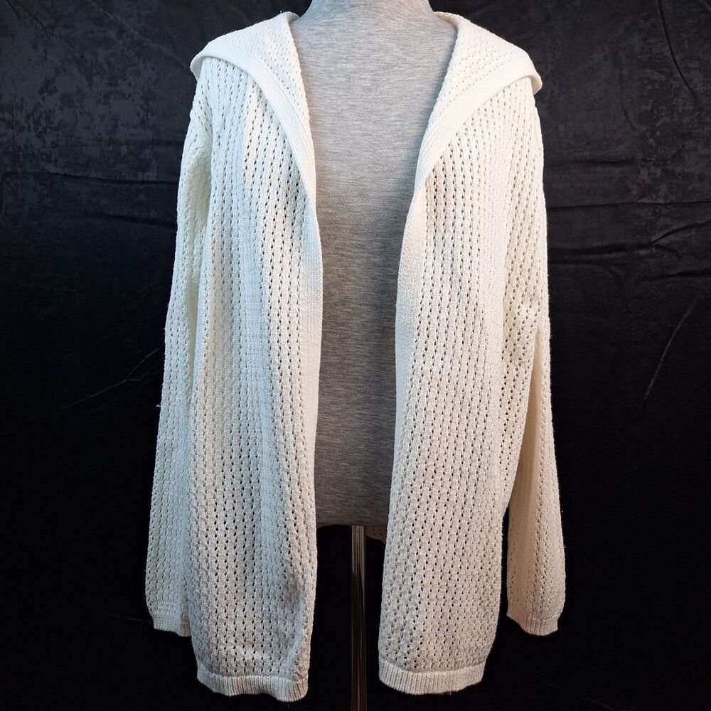 Lucky Brand Large Cream Open Knit Hodded Longsleeve Long Cardigan  Open Front